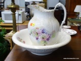 PITCHER AND BASIN SET; WHITE WATER PITCHER AND MATCHING BASIN WITH MULTI-COLORED FLOWERS. PITCHER