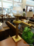 BRASS TABLE LAMP; THIS TABLE MAP HAS A GLASS GLOBE WITH ETCHED FLORAL PATTERN AND SITS ATOP A URN
