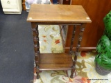 VINTAGE SIDE TABLE; VINTAGE WOODEN SIDE TABLE WITH BEVELED RECTANGULAR TOP, STRETCHERS BASE AND 4