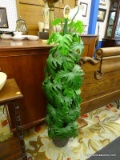 FAUX POTTED FICUS TREE; GREEN IN COLOR AND IN A MOLDED PLANTER POT BELOW. MEASURES 44 IN TALL AND IS