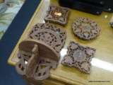 LOT OF CARVED WOOD ITEMS; THIS LOT CONTAINS 4 PIECES. THE ITEMS INCLUDE AN INTRICATELY CARVED WALL