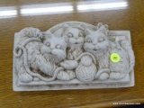 STONE CAT WALL DECOR; HEAVY STONE WALL DECOR THAT SHOWS 3 KITTENS PLAYING WITH A BALL OF YARN.