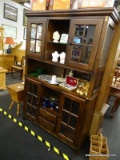 MISSION STYLE DARK WOOD CHINA HUTCH; WITH 4 GLASS FRONT DOORS, GLASS SIDE PANELS ON TOP PORTION, 2