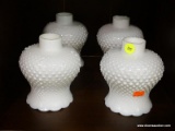 SET OF MILK GLASS GLOBES; THIS SET CONTAINS 4 WHITE MILK GLASS FLUTED GLOBES WITH SCALLOPED TOP RIM,