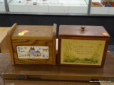 RECIPE BOXES; PAIR OF VINTAGE WOODEN RECIPE BOXES WITH VINTAGE RECIPES. 1 IS FARM THEMED AND 1 HAS