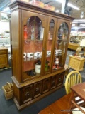 GLASS FRONT CHINA CABINET; FLAT TOP WITH CROWN MOLDING OVER BUBBLE GLASS FRONT WITH CENTER PANELS