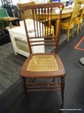 SQUARE BACK SIDE CHAIR; MAHOGANY SQUARE AND SPINDLE BACK CANE BOTTOM SIDE CHAIR WITH SPINDLE LOWER