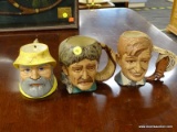 BYRON MOLDS MUGS LOT; INCLUDES 3 TOTAL PIECES SUCH AS DAVY CROCKETT, A SEA CAPTAIN CLAD IN YELLOW