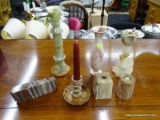 ALABASTER LOT; INCLUDES A FLOWER THEMED CANDLESTICK HOLDER, A SQUARE CANDLESTICK HOLDER, A