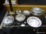HAMMERED ALUMINUM LOT; INCLUDES 2 DOUBLE HANDLED FLORAL THEMED POTS, A FRUIT THEMED BOWL, A SERVING