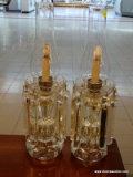 PAIR OF VINTAGE GLASS LAMPS WITH DANGLING PRISMS; SET OF TWO BEAUTIFUL GLASS TABLE LAMPS WITH GLASS