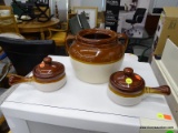 3 PIECE LOT; INCLUDES 2 BROWN AND GRAY BEAN POTS WITH A LARGE DOUBLE HANDLED POT (MISSING LID)