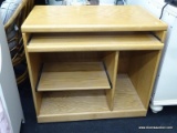 CONTEMPORARY OAK DESK; HAS A SLIDE OUT KEYBOARD TRAY, A LOWER SLIDE OUT SHELF, AND A TOWER COMPUTER