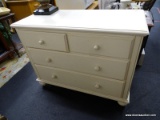 ETHAN ALLEN DRESSER; WHITE PAINTED WITH 4 DRAWERS AND WOODEN KNOBS. SITS ON BUN FEET. MEASURES 42 IN
