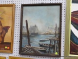 FRAMED DOCK SCENE; IS AN OIL ON CANVAS DEPICTING A SMALL DOCK WITH BOATS FLOATING LAZILY ALONG. IS