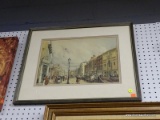 FRAMED ENGLISH STREET SCENE PRINT; THIS PRINT SHOWS COLONIAL PEOPLE IN DAILY LIFE ON THE CITY