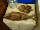 2 PIECE WOOD LOT; INCLUDES A CARVED LEAF PATTERN DIVIDED DISH MADE IN HAWAII AND 1 IS A FISH SHAPED
