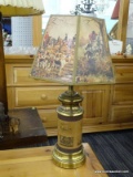 HOUND HUNTING TABLE LAMP; THIS TABLE LAMP HAS A HEXAGONAL SHAPED SHADE THAT SHOWS HOUND HUNTING