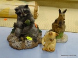 3 ANIMAL FIGURINE LOT; INCLUDES A RACOON WITH FOOD (HAS A CHIP BUT IS HARDLY NOTICEABLE), A