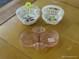 3 PIECE LOT; INCLUDES 2 HAND PAINTED MADE IN ITALY PORCELAIN BASKETS AND A PINK DEPRESSION CIGARETTE