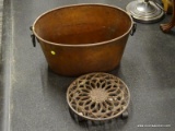 COPPER ROASTER; HAS 2 WROUGHT IRON HANDLES AND MEASURES 26 IN X 15 IN X 10 IN. ALSO INCLUDES A CAST