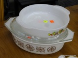 2 PIECE LOT; INCLUDES A FIRE KING CHANTICLEER BAKING DISH AND A PYREX HEX SIGNS PATTERN BAKING DISH