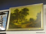 ENGLISH COUNTRYSIDE PRINT ON BOARD; FRAMED PAINTING SHOWING VICTORIAN TOWNSPEOPLE HEADING DOWN THE