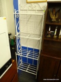 WHITE METAL BAKERS RACK; THIS VINTAGE METAL BAKERS RACK IS WHITE IN COLOR, IT HAS 4 SHELVES, A