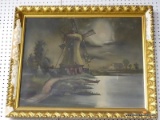 FRAMED OIL ON CANVAS; DEPICTS A MOONLIT WINDMILL SCENE IN A GOLD GILT FRAME MEASURES 35 IN X 29 IN.