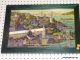 FRAMED PUZZLE; FRAMED HERONIM PUZZLE OF SAN FRANCISCO WITH THE GOLDEN GATE BRIDGE IN THE BACKGROUND.