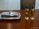 ASTOR BY POOLE SALT AND PEPPER SHAKERS AND ALUMINUM BUTTER DISH; SALT AND PEPPER SHAKERS ARE MARKED