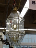 PENDANT CHANDELIER; LARGE BRASS AND BEVELED GLASS PANELED PENDANT CHANDELIER WITH TWO SETS OF 6
