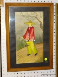 FAR EASTERN DRAWING; DEPICTS A MAN WALKING AT NIGHT WITH A LANTERN ON A DIRT PATH. HAS BLACK MATTING