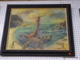 FRAMED OIL ON CANVAS; DEPICTS A GROUP OF SHIPWRECKED SAILORS ATTEMPTING TO ESCAPE THEIR ISLAND