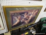CHERUB PRINT; DEPICTS A GROUP OF 5 CHERUBS IN FLIGHT WITH FLOWERS. HAS DOUBLE MATTING IN GREEN AND