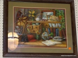FRAMED DESK PRINT; DEPICTS A MESSY S-ROLL DESK WITH BOOKS, A GLOBE, HAT, A DUCK DECOY AND MORE ALL