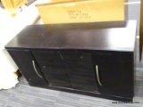 ENTERTAINMENT STAND; HAS 2 WOODEN DOORS ON EITHER SIDE AND 2 GLASS CENTER DOORS WITH 1 INTERIOR