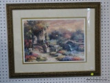 (WALL) FRAMED FLORAL COURTYARD PRINT; THIS BEAUTIFUL PRINT IS REMINISCENT OF A THOMAS KINKADE PRINT.