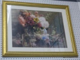 (WALL) FRAMED FLORAL STILL LIFE; THIS PRINT SHOWS A GLASS BOTTLE SITTING IN FRONT OF A VASE FULL OF