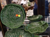 CABBAGE LEAF POTTERY; 2 PIECE LOT THAT INCLUDES A SMALL PLATTER/PLATE, AND A BOWL. BOTH STAMPED