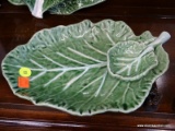 CABBAGE LEAF POTTERY; THIS LOT INCLUDES A VEGETABLE AND DIP PLATTER MADE TO LOOK LIKE PIECES OF