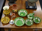 ASSORTED PAINTED POTTERY LOT; 10 PIECE LOT OF POTTERY MADE IN W. GERMANY. LOT INCLUDES 4 SMALL GREEN
