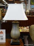 CONTEMPORARY URN STYLE TABLE LAMP WITH RECEPTACLES BUILT IN TO BASE; BALL FINIAL AT TOP, WITH OBLONG