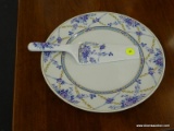 ANDREA BY SADEK ROUND CAKE PLATE AND CAKE SERVER. MADE OF WHITE PORCELAIN WITH A BLUE AND PURPLE