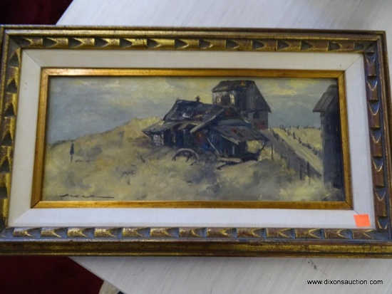 BARREL OF OIL ON CANVAS; 20TH C. FRAME IS DARK WOOD WITH WORN GILDING. THIS PAINTING DEPICTS AN