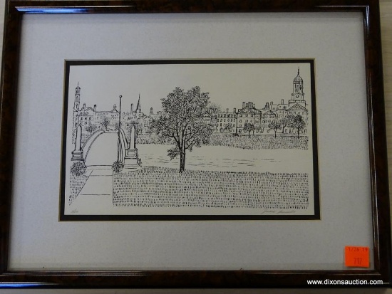 UNTITLED BLACK AND WHITE PRINTED SKETCH; 20TH C. DOUBLE MATTED IN BLACK AND WHITE WITH A MARBLED