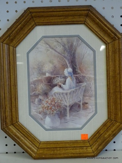 UNTITLED WATERCOLOR PRINT; 20TH C. DOUBLE MATTED IN DARK AND LIGHT GREY WITH AN OCTAGON WOOD FRAME.