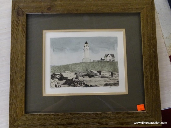 LIGHTHOUSE PEN & INK WATERCOLOR PRINT; 20TH C. DOUBLE MATTED IN CREAM AND GREY WITH A RUSTIC DARK