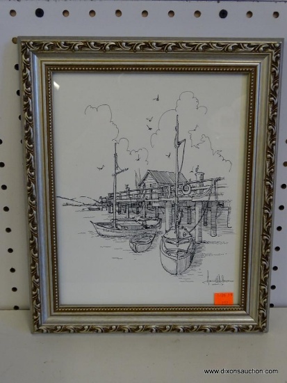 UNTITLED PEN & INK; 20TH C. SILVER AND GOLD WOOD FRAME. THREE BOATS DOCKED AT THE PIER ON A CALM DAY