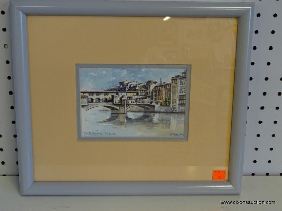 PONTE VECCHIO H SKENDER; WATERCOLOR ON PAPER. 20TH C. DOUBLE MATTED IN GREY AND PEACH WITH A GREY